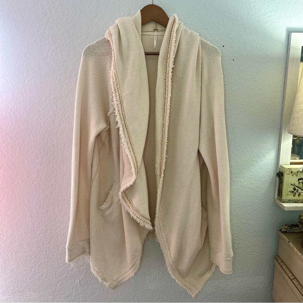 Free People Big Chill Cardigan Cream Hood Waffle Snap Sweater Jacket Size Medium - Picture 12 of 16